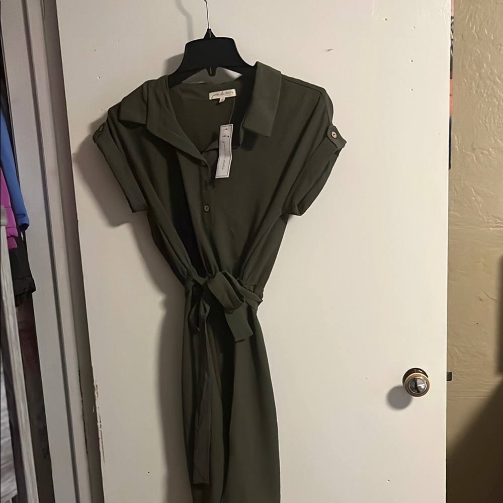 Olive Green Belted Shirt Dress